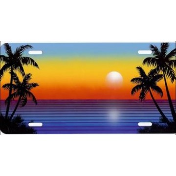 Red Sunrise Palm Tree Scene License Plate 